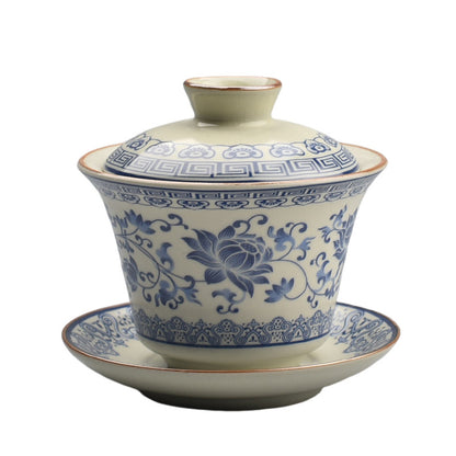 Blue & White Ru Kiln Tea Set - Interlocking Lotus Design Ceramic Gongfu Set (6-Piece)