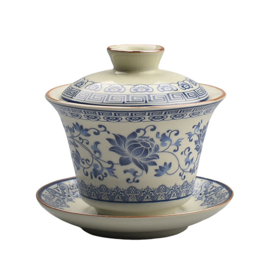 Blue & White Ru Kiln Tea Set - Interlocking Lotus Design Ceramic Gongfu Set (6-Piece)