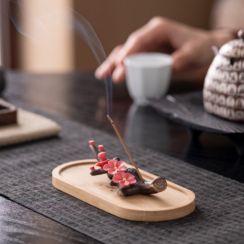 Ceramic Peach Blossom Incense Holder with Wooden Base - Handcrafted Zen Desk Decor (11.5x3x2cm, 2mm Hole)