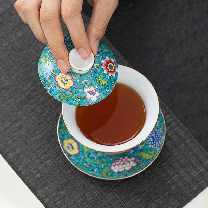 Imperial Style Cloisonné Gaiwan - Handcrafted Enamel Three-Element Tea Bowl with Gold Trim (190ml Capacity)