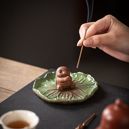 Ceramic Frog Incense Holder with Lotus Leaf Base - Cute Home Decor for Sticks Incense, Tea Table & Meditation (Handcrafted)