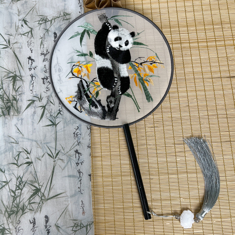 Chinese Double-Sided Embroidered Round Fan - Silk Gauze with Panda Design & Wood Handle (21cm Diameter, 15cm Handle, 100g)