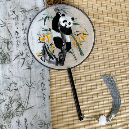 Chinese Double-Sided Embroidered Round Fan - Silk Gauze with Panda Design & Wood Handle (21cm Diameter, 15cm Handle, 100g)