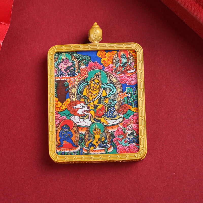 Tibetan Thangka Pendant – Golden Yellow Dzambhala (Wealth Buddha) Thangka Design
