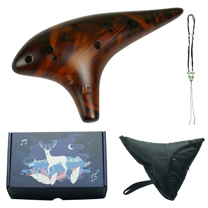 12-Hole Alto C Ceramic Ocarina - Smoked Finish with Music Sheet, Neck Strap & Carry Bag (AC Tuned)