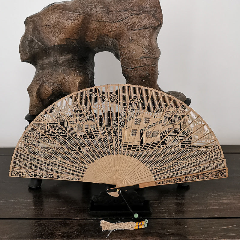 Handcrafted 7 Inch Burmese Wood Folding Fan - Traditional Suzhou Sandalwood Artistry