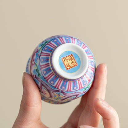Peony Enamel Glazed Tea Master Cup - Handcrafted Retro Porcelain Tea Cup (90ml Capacity)
