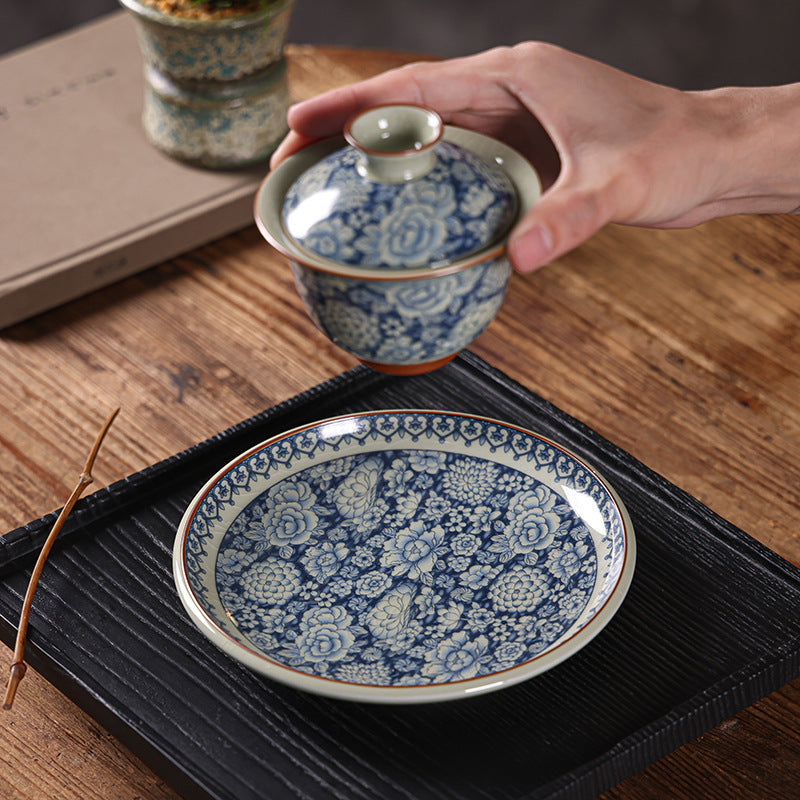 Ru Kiln Blue-and-White Gaiwan - 200ml Three-Element Tea Set (10.4cm Diameter, 9.7cm Height, Crackle Glaze)
