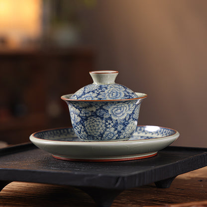 Ru Kiln Blue-and-White Gaiwan - 200ml Three-Element Tea Set (10.4cm Diameter, 9.7cm Height, Crackle Glaze)