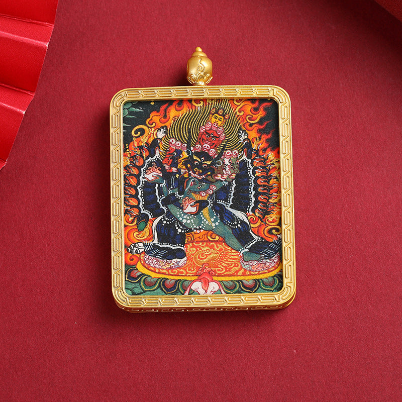 Golden Mahakala Pendant Necklace – Nepalese Thangka Gawu Box Decorative Pendant