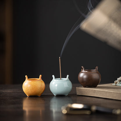 Mini Ceramic Tripod Incense Burner - Compact Zen Incense Holder for Tea Table (5x5x4.3cm, 9-Hole Design)