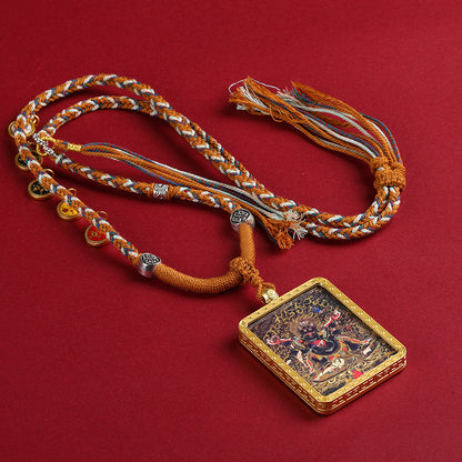 Gold Accented Mahakala Thangka Pendant - Tibetan Protector Deity Necklace