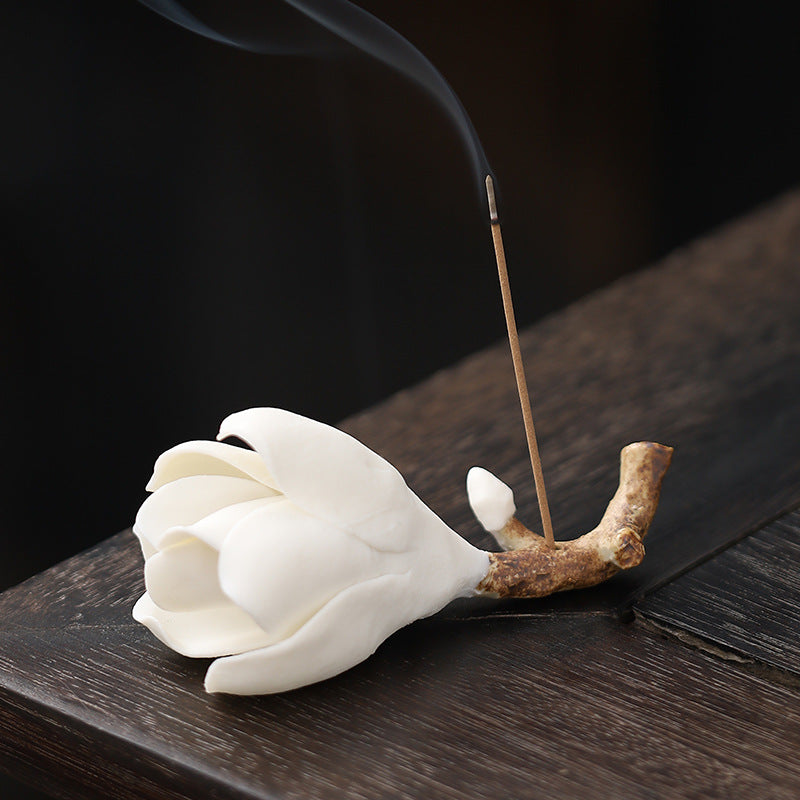 Handmade Ceramic Magnolia Incense Holder - Classic Chinese Desk Decor with Circular Base (9.4x4.7x3.8cm, 10.9cm Stand)