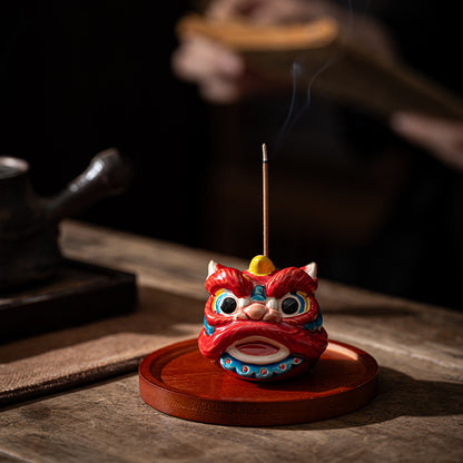 Lion Head Ceramic Incense Holder with Wood Base - Auspicious Animal Zen Decor (7x6x6cm, 10cm Wood Stand)