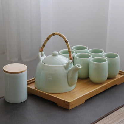 Celadon Tea Set with Bamboo Tray - Jingdezhen Ceramic (1000ml Pot, 6 Cups, Storage Jar, 2 Tea Boards)