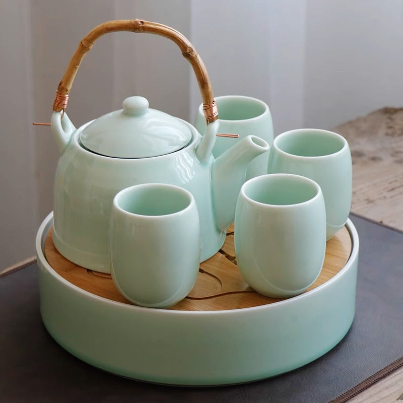 Celadon Tea Set with Bamboo Tray - Jingdezhen Ceramic (1000ml Pot, 6 Cups, Storage Jar, 2 Tea Boards)