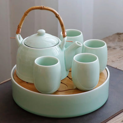 Celadon Tea Set with Bamboo Tray - Jingdezhen Ceramic (1000ml Pot, 6 Cups, Storage Jar, 2 Tea Boards)