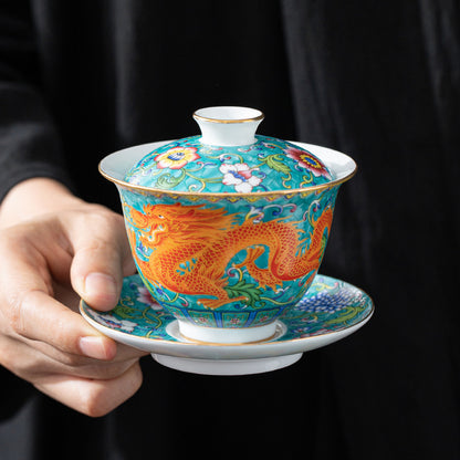Imperial Style Cloisonné Gaiwan - Handcrafted Enamel Three-Element Tea Bowl with Gold Trim (190ml Capacity)