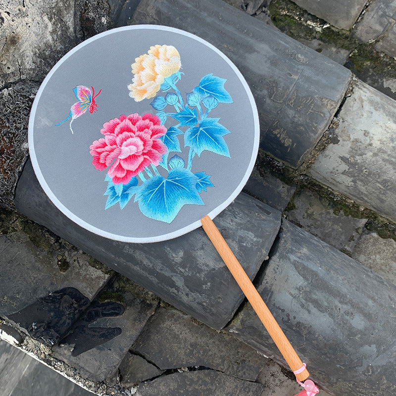 Elegant Double-Sided Embroidered Round Fan with Long Handle - Vintage Palace Style Handheld Fan