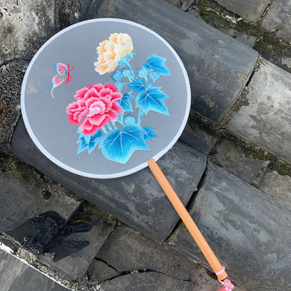 Elegant Double-Sided Embroidered Round Fan with Long Handle - Vintage Palace Style Handheld Fan