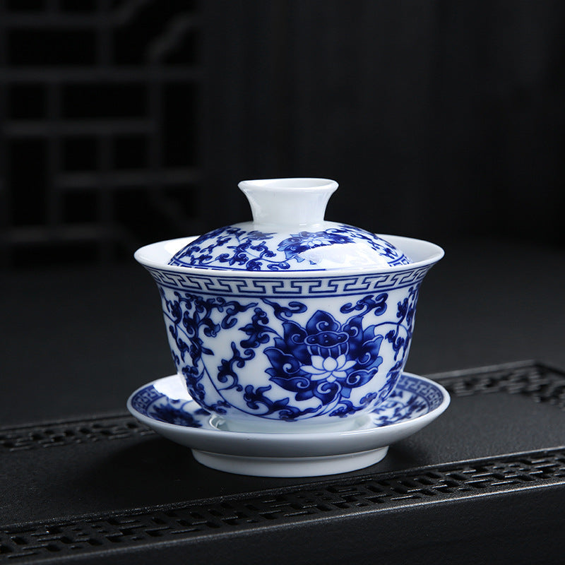 Blue and White Porcelain Gaiwan, Large High-White Glazed Tea Bowl, Japanese-Style Three-Component Set, 160ml