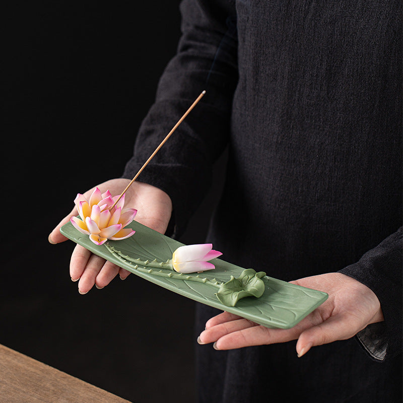 Handmade Ceramic Lotus Incense Holder - Flat-Lying Zen Decor for Tea Table with Non-Slip Base
