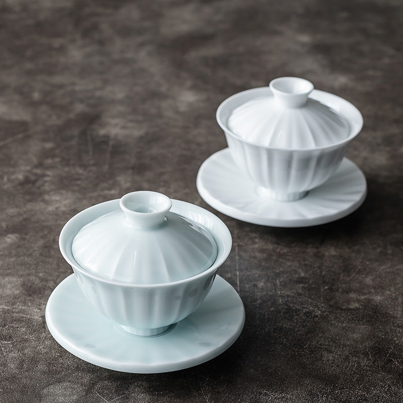 White Porcelain Gaiwan Tea Set - 125ml Covered Cup with Saucer (9.5cm Height, Heat-Resistant Design)