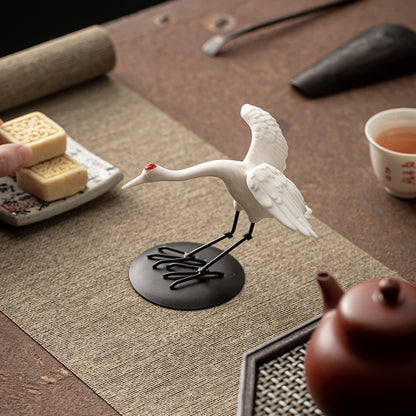 Chinese Ceramic Crane Decor Set - Auspicious Home Ornament with Iron Base (2 Sizes: 12cm/10cm Height)