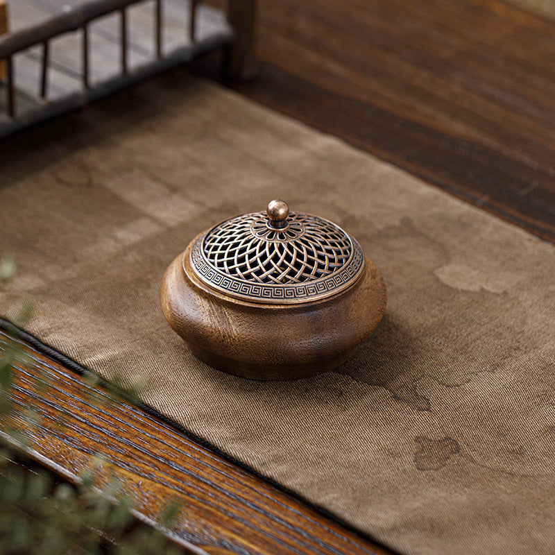 Walnut Wood Incense Burner – Round Shape Natural Wooden Incense Holder for Home & Tea Room
