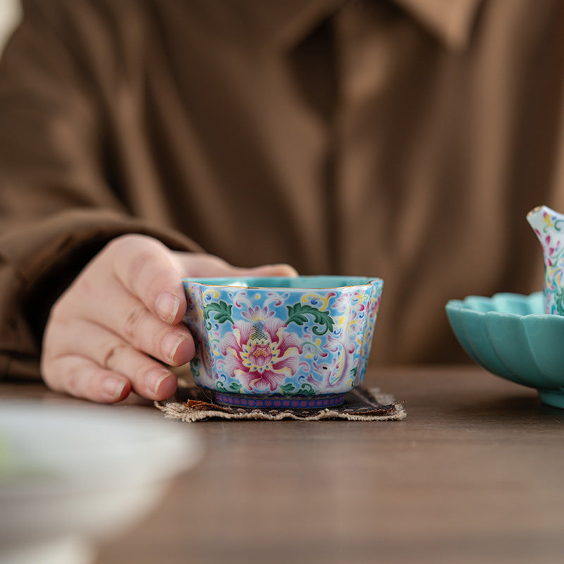 Enamel Glazed Tea Master Cup Set - Handcrafted Gongfu Tea Ceremony Cups with Gift Box (Sunflower & Round Rim Styles)