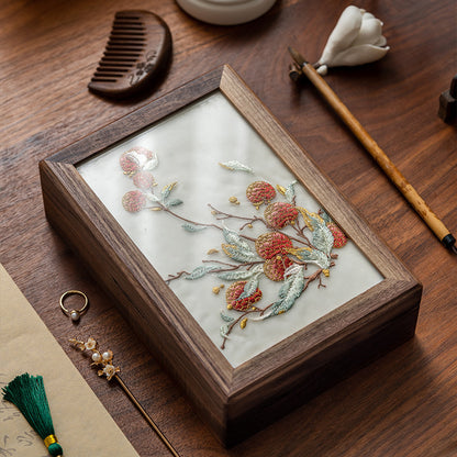 Walnut Wood Jewelry Box with Embroidered Lid - Chinese-Style Gift with Velvet Lining (23x16x6.5cm, 800g, 6 Symbolic Designs)