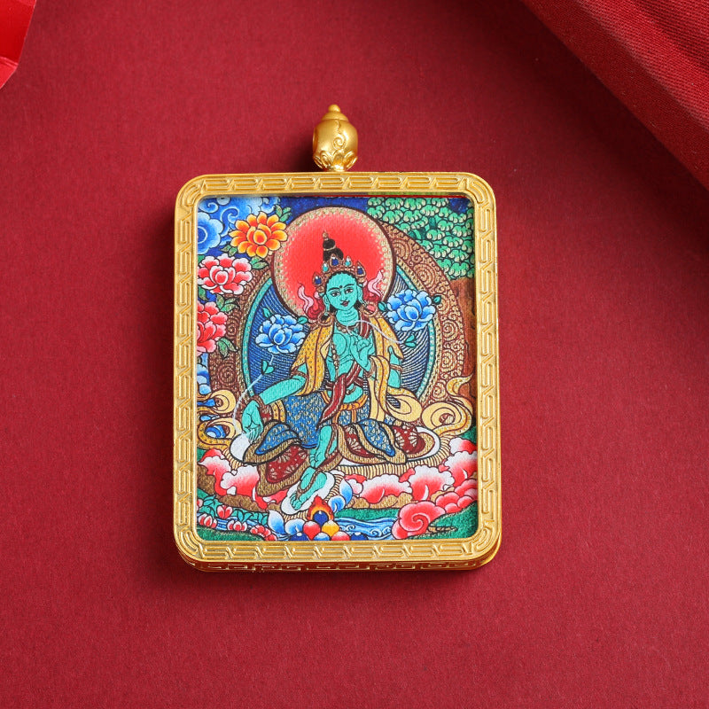 Tibetan Thangka Pendant Necklace – Green Tara & Medicine Buddha Hand-Painted Design