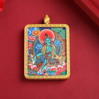 Tibetan Thangka Pendant Necklace – Green Tara & Medicine Buddha Hand-Painted Design