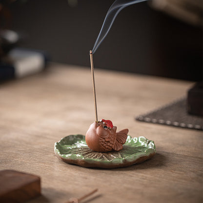 Ceramic Frog Incense Holder with Lotus Leaf Base - Cute Home Decor for Sticks Incense, Tea Table & Meditation (Handcrafted)