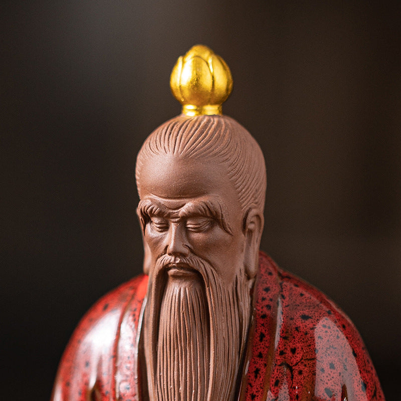 Chinese Ceramic Laozi Statue – Taoist Deity Figurine with Gourd & Horsetail Whisk, Handcrafted Home Altar Decor (13.7x9.2x14.6cm)