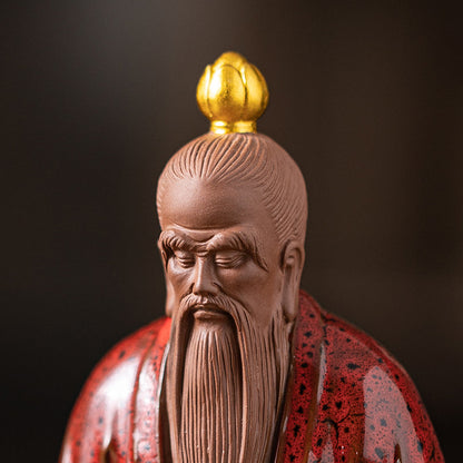 Chinese Ceramic Laozi Statue – Taoist Deity Figurine with Gourd & Horsetail Whisk, Handcrafted Home Altar Decor (13.7x9.2x14.6cm)