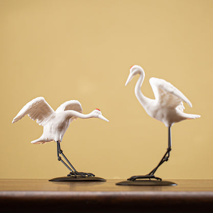 Chinese Ceramic Crane Decor Set - Auspicious Home Ornament with Iron Base (2 Sizes: 12cm/10cm Height)