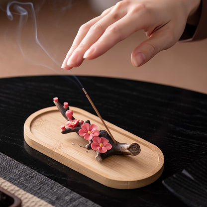 Ceramic Peach Blossom Incense Holder with Wooden Base - Handcrafted Zen Desk Decor (11.5x3x2cm, 2mm Hole)