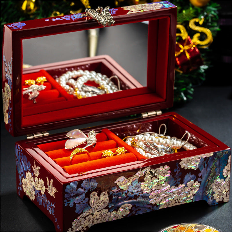 Mother of Pearl Lacquerware Jewelry Box, Wedding Gift, High-end Wooden Ear Jewelry Necklace Storage Box, Chinese Style Lockable Pearl Treasure Box