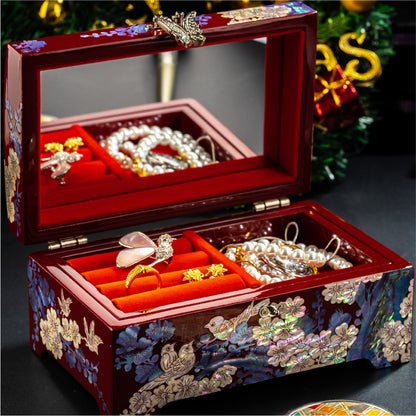 Mother of Pearl Lacquerware Jewelry Box, Wedding Gift, High-end Wooden Ear Jewelry Necklace Storage Box, Chinese Style Lockable Pearl Treasure Box