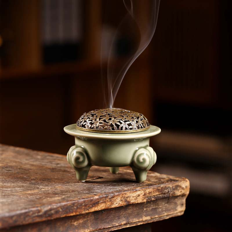 Ceramic Coil Incense Burner with Three Goats Design - Sandalwood and Seal Incense Holder