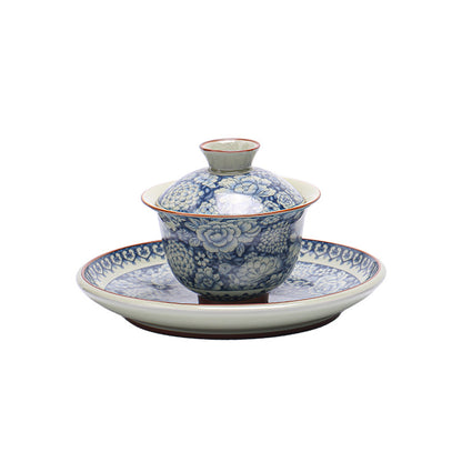 Ru Kiln Blue-and-White Gaiwan - 200ml Three-Element Tea Set (10.4cm Diameter, 9.7cm Height, Crackle Glaze)
