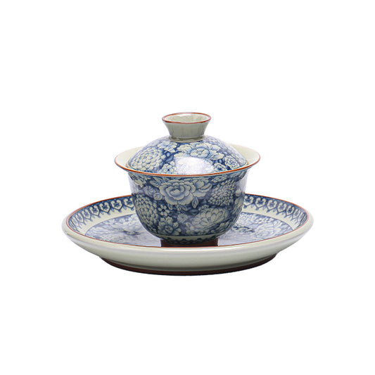 Ru Kiln Blue-and-White Gaiwan - 200ml Three-Element Tea Set (10.4cm Diameter, 9.7cm Height, Crackle Glaze)