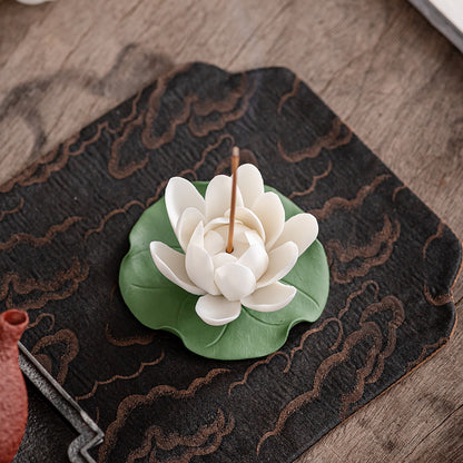 Handmade Ceramic Lotus Incense Holder - Detachable Flower & Leaf Design for Easy Cleaning (8x4.5cm, Zen Home Decor)