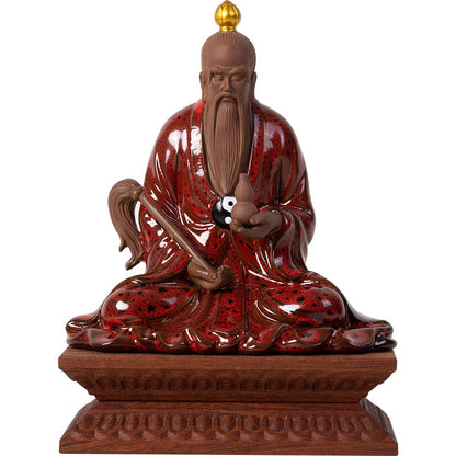 Chinese Ceramic Laozi Statue – Taoist Deity Figurine with Gourd & Horsetail Whisk, Handcrafted Home Altar Decor (13.7x9.2x14.6cm)