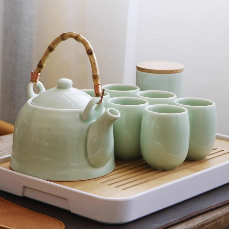 Celadon Tea Set with Bamboo Tray - Jingdezhen Ceramic (1000ml Pot, 6 Cups, Storage Jar, 2 Tea Boards)