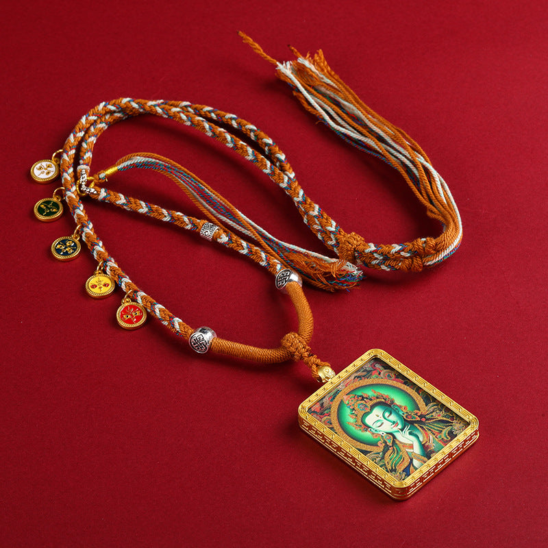 Gold-Finished Hand-Painted Green Tara Thangka Pendant Necklace