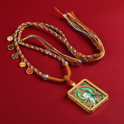 Gold-Finished Hand-Painted Green Tara Thangka Pendant Necklace