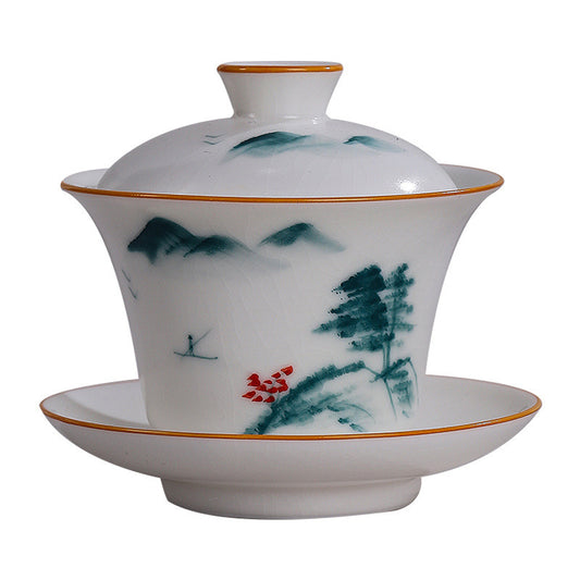 Hand-Painted Ru Porcelain Gaiwan, Ivory White Ceramic Tea Set, Crackle Glaze Three-Talent Bowl, Gongfu Tea Cup, 150ml