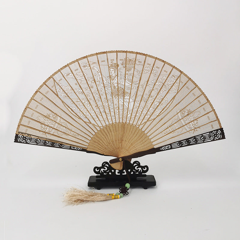 Handcrafted 7 Inch Burmese Wood Folding Fan - Traditional Suzhou Sandalwood Artistry